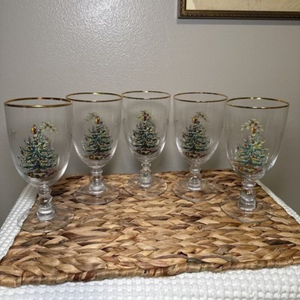 Spode Christmas Tree Pedestal Goblets Set of 5 16 oz Gold Rim 7” Glasses